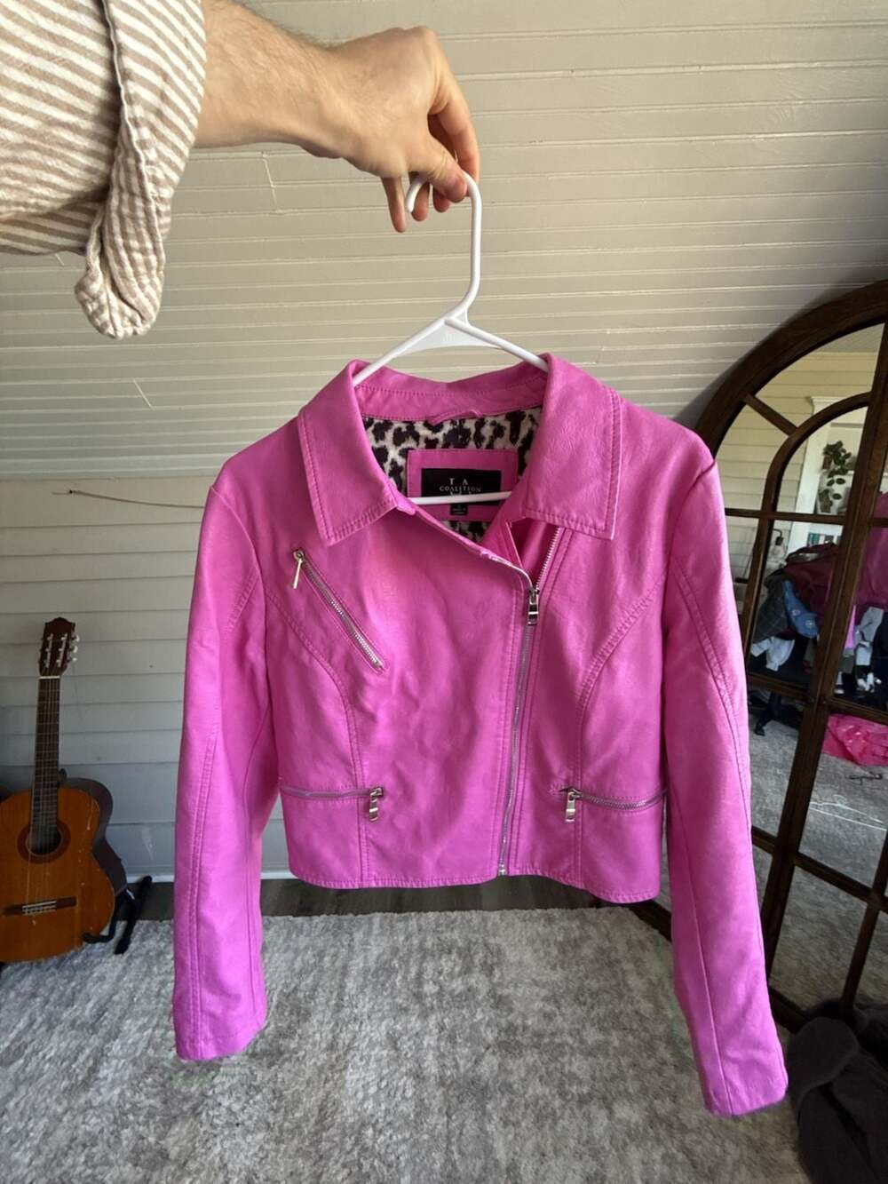 LA Coalition Moto Jacket Size L Pink Faux Leather Leopard Lining
